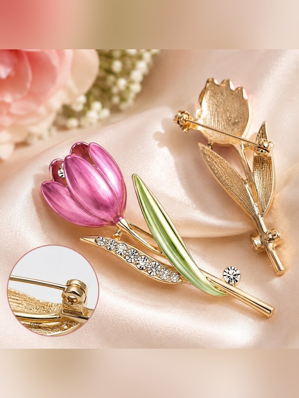 2 for $18 Gold Tulip Brooch Pin with Pink Enamel Flower and Green Leaf New